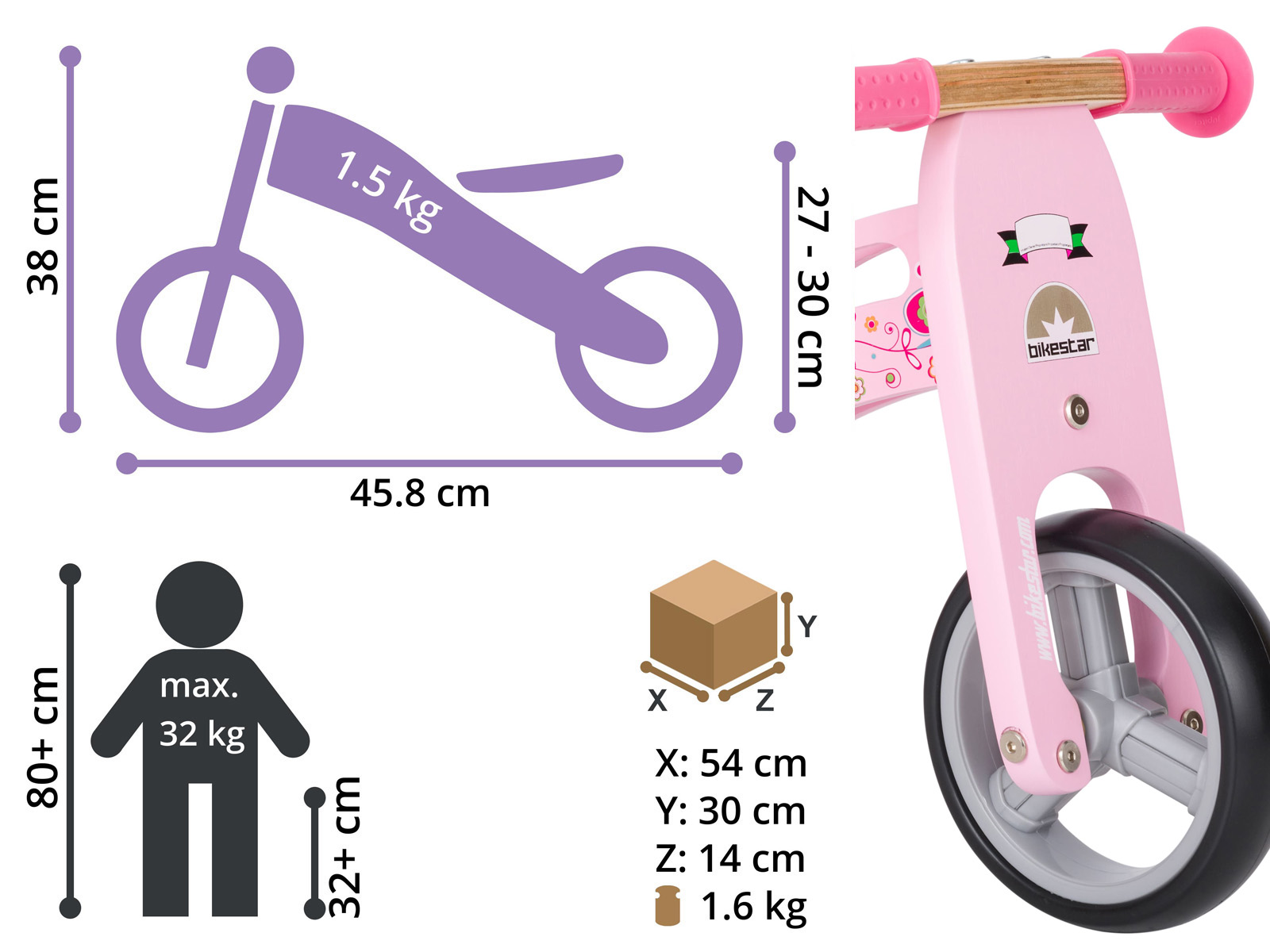 Bikestar mini loopfiets 2 in 1, hout, 7 inch, roze - Afbeelding 8