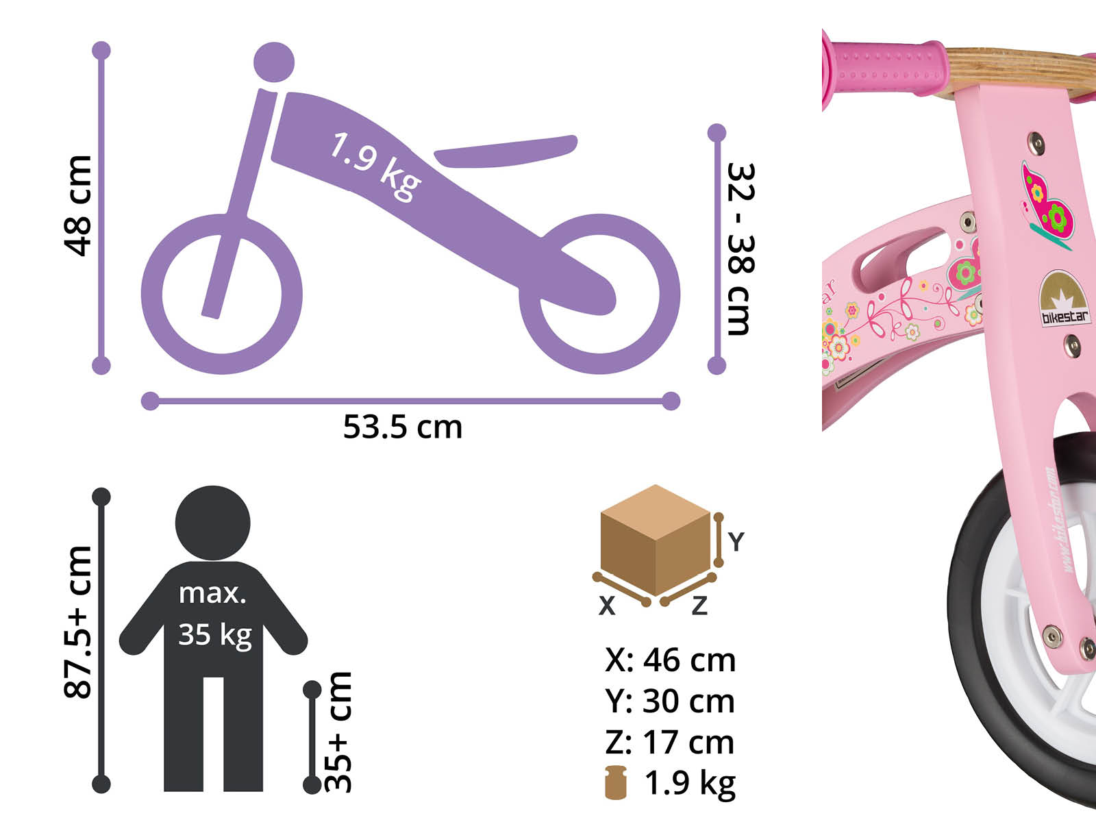 Bikestar, houten loopfiets, 10 inch wielen, roze - Afbeelding 4