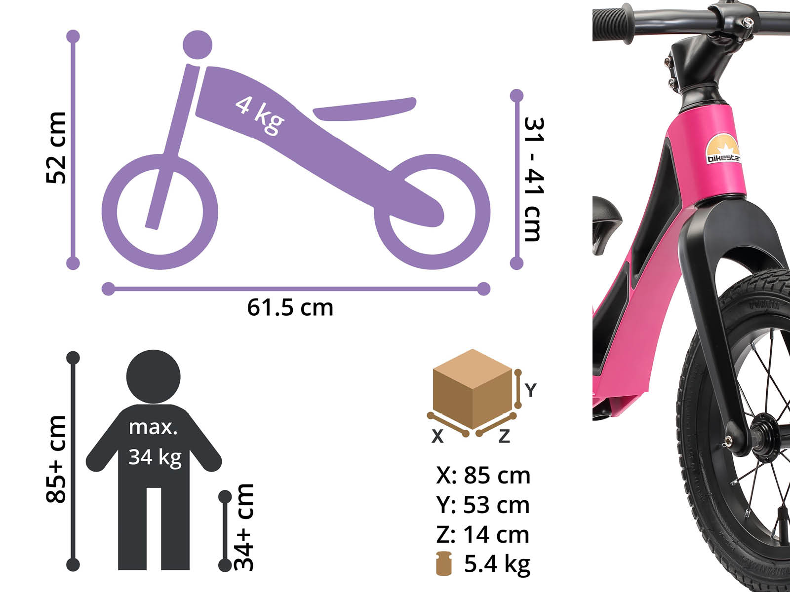 Bikestar loopfiets BMX Magnesium 12 inch donkerroze - Afbeelding 4