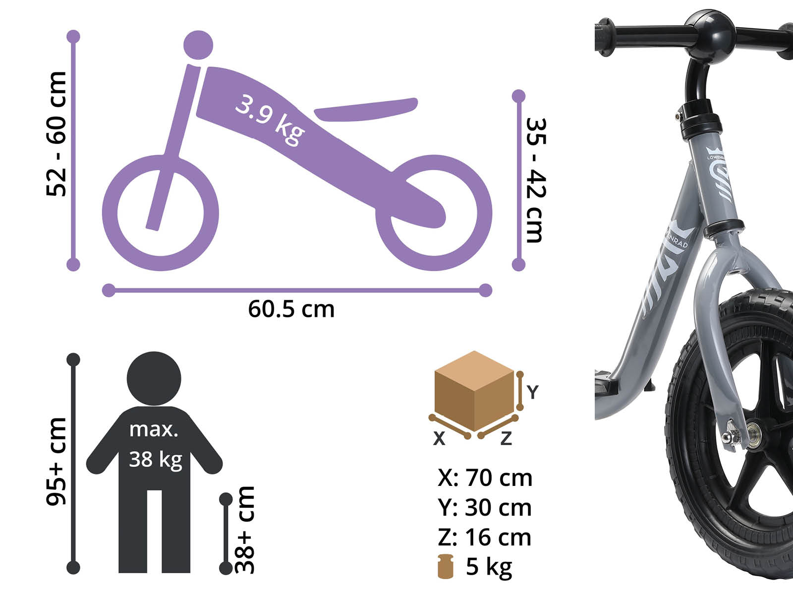 Löwenrad loopfiets met staplank 12 inch, grijs - Afbeelding 4