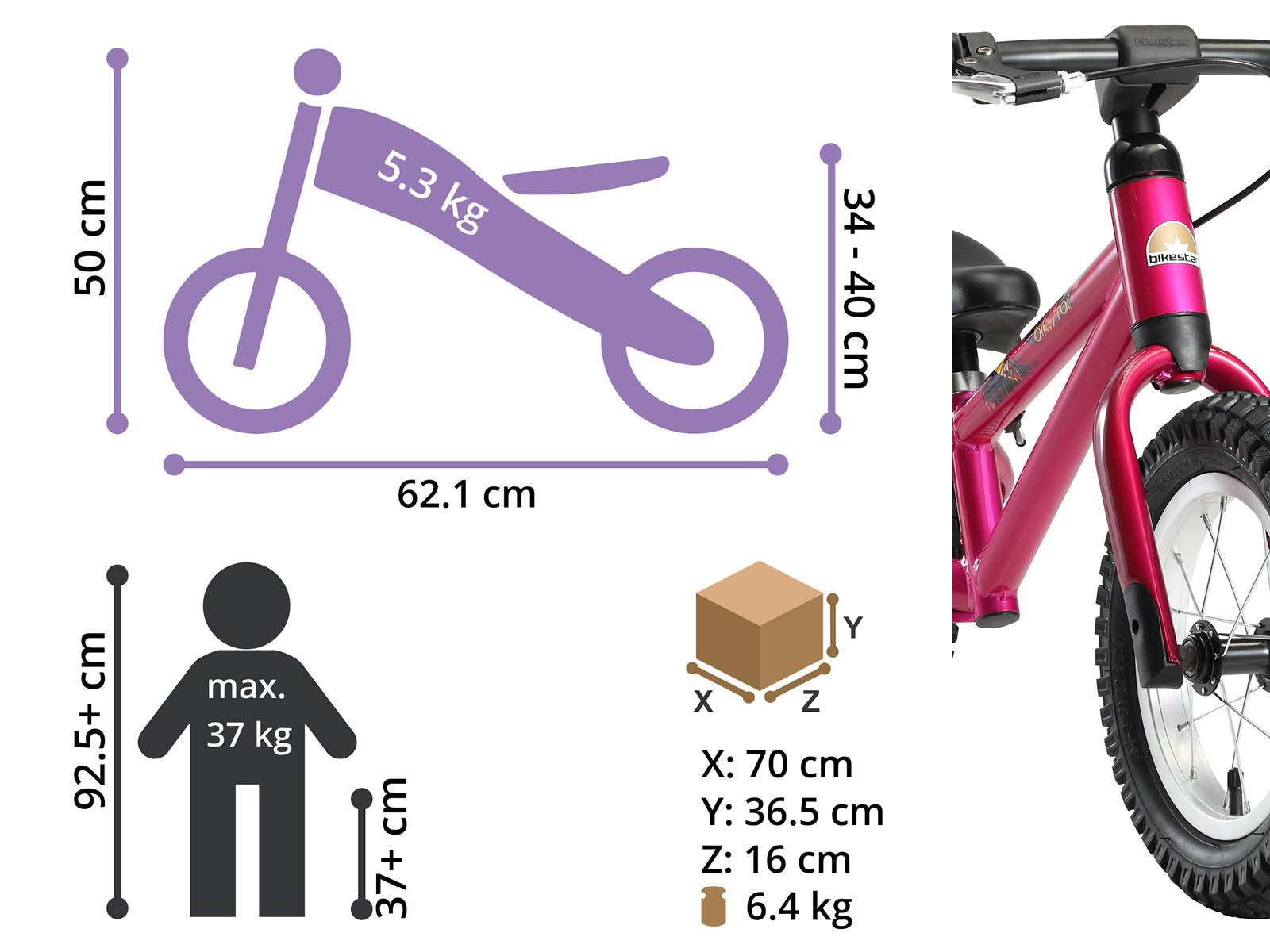 Bikestar loopfiets MTB 12 inch, donkerroze - Afbeelding 4