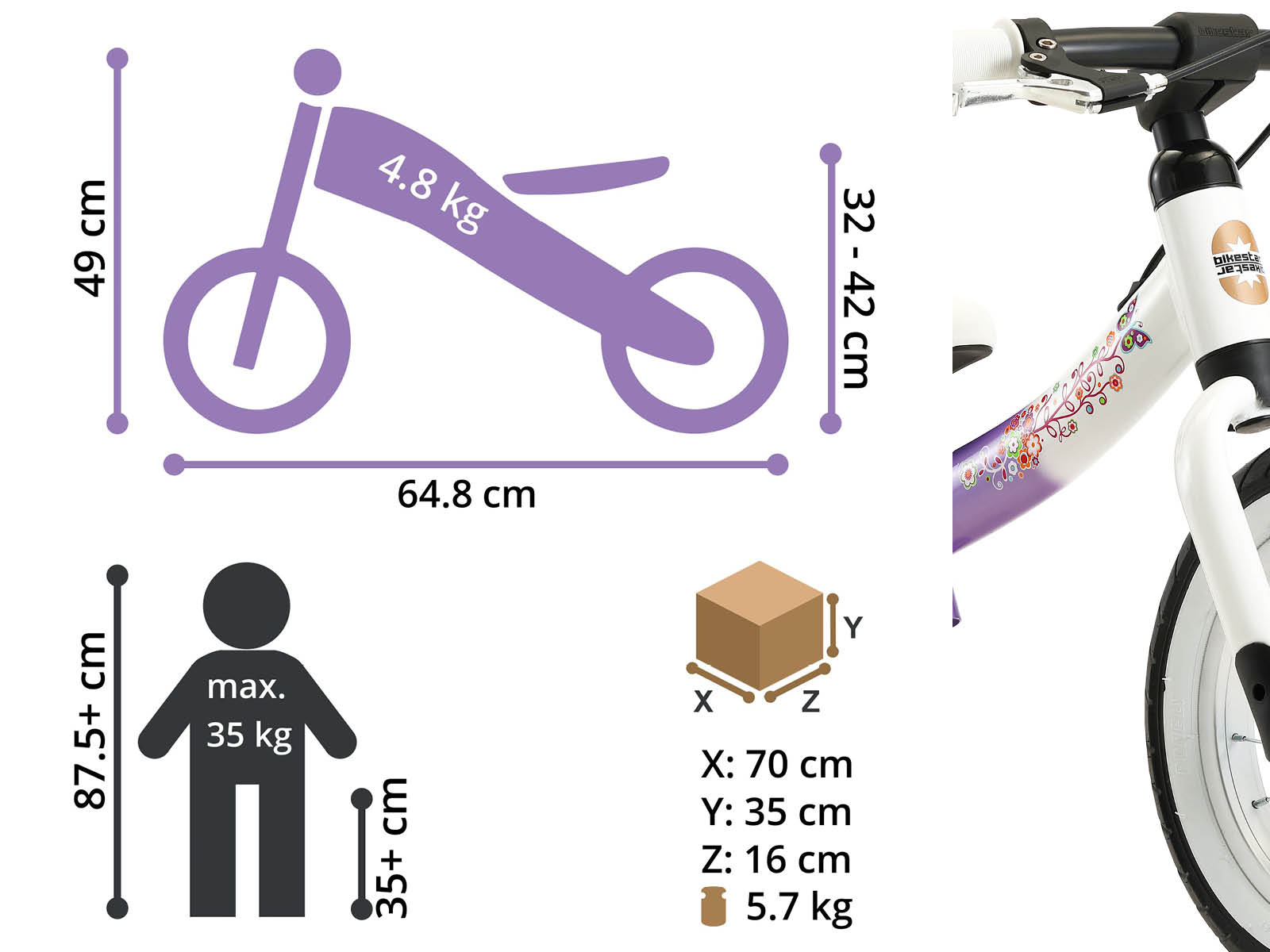 Bikestar meegroei loopfiets Sport 12 inch, lila/wit - Afbeelding 6