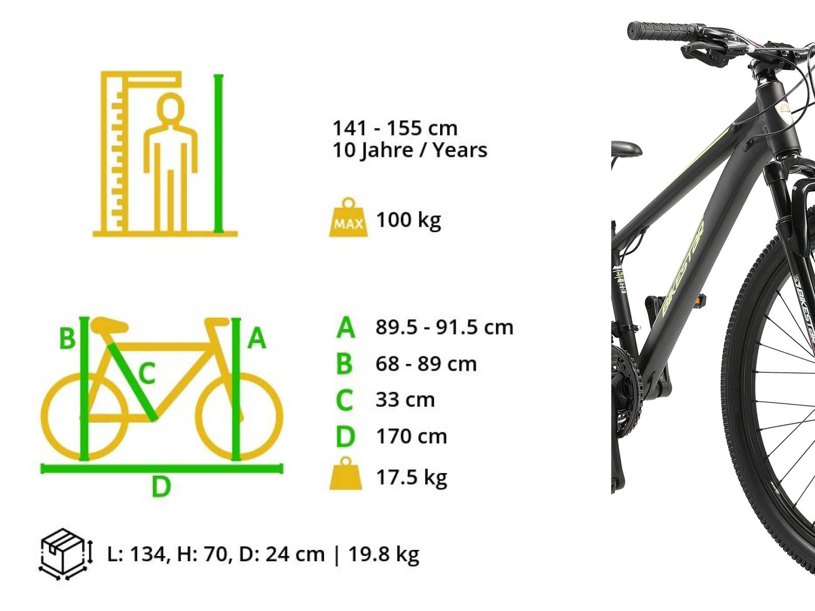 Bikestar Hardtail MTB Alu Sport S 26 Inch 21 Speed zwart/geel - Afbeelding 6