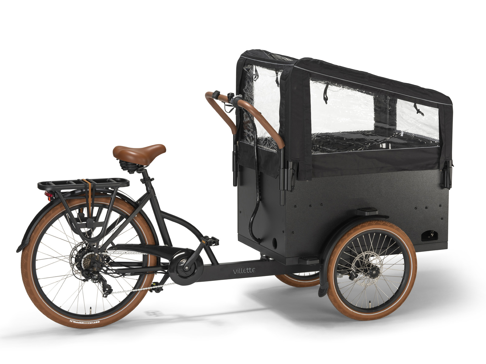 Villette Cargeau elektrische bakfiets met achterwielmotor schijfremmen en huif, zwart/bruin - Afbeelding 4