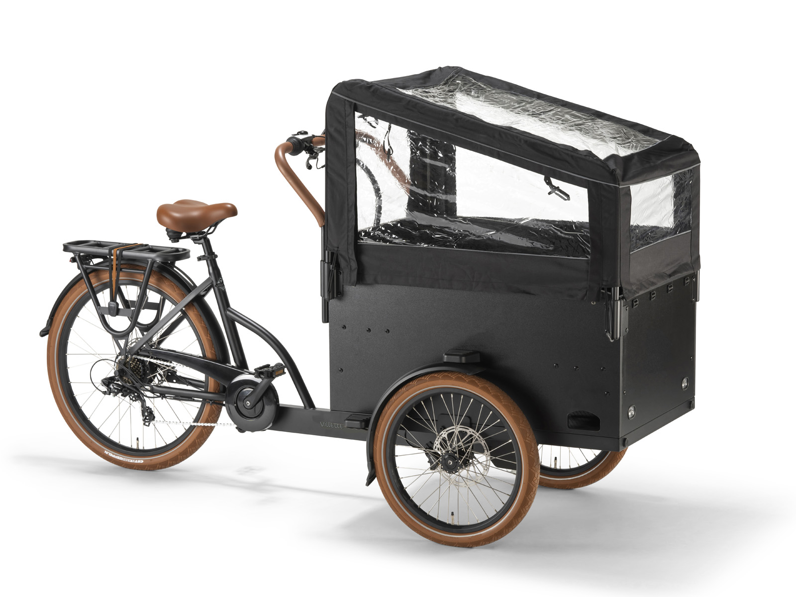 Villette Cargeau elektrische bakfiets met achterwielmotor schijfremmen en huif, zwart/bruin - Afbeelding 3