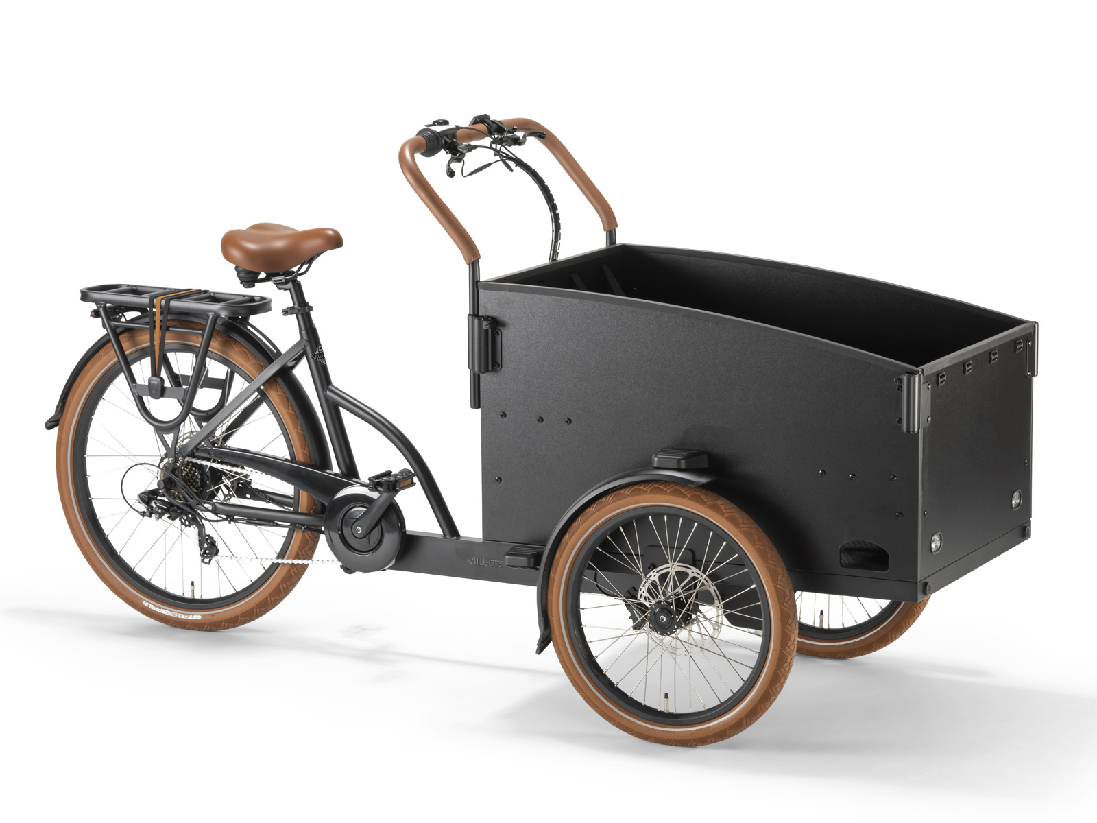 Villette Cargeau elektrische bakfiets met achterwielmotor schijfremmen en huif, zwart/bruin - Afbeelding 2